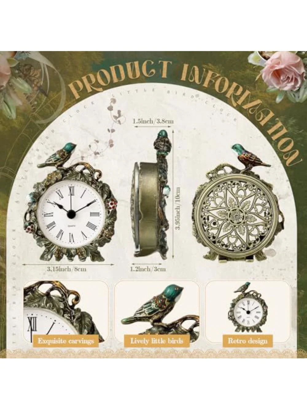 Decorative Bird Accent Table Clock - Green